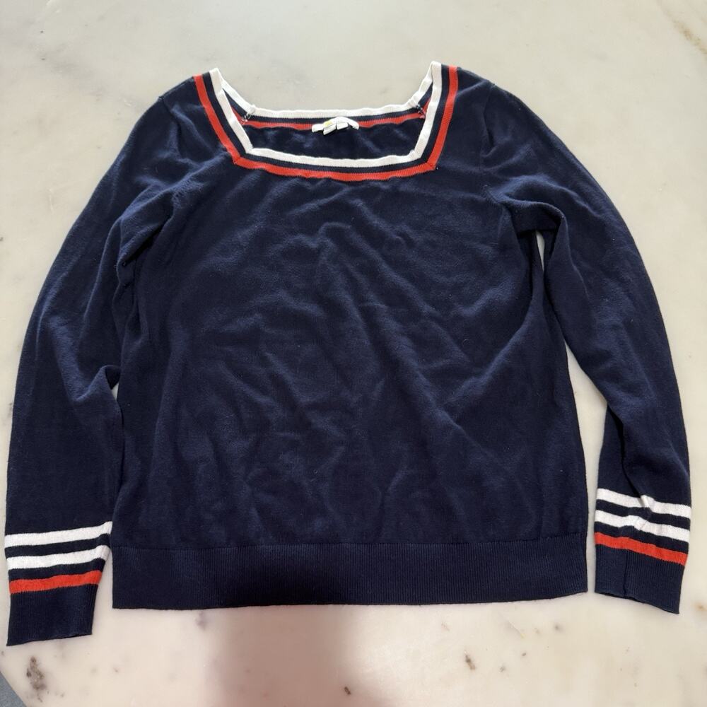 Boden Women's US 12 30% Wool 70% Cotton Navy Sweater Red Striped Square Neck